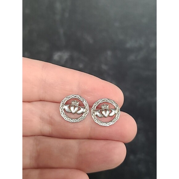925 Sterling Silver Claddagh Stud Earrings Vintage Made In Ireland, READ - Picture 2 of 10